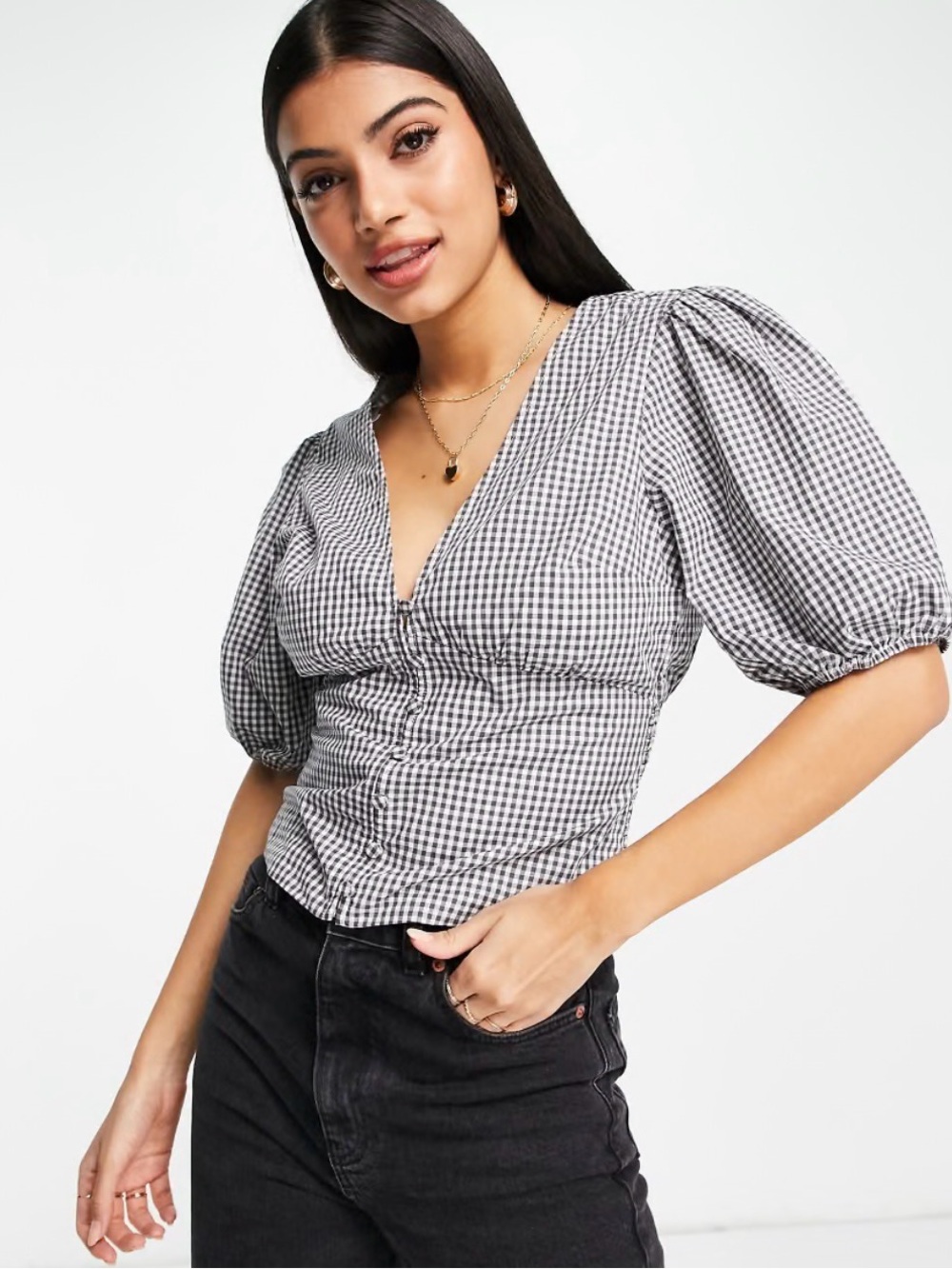 Gingham Puff-Sleeve Button-Front Women's Top